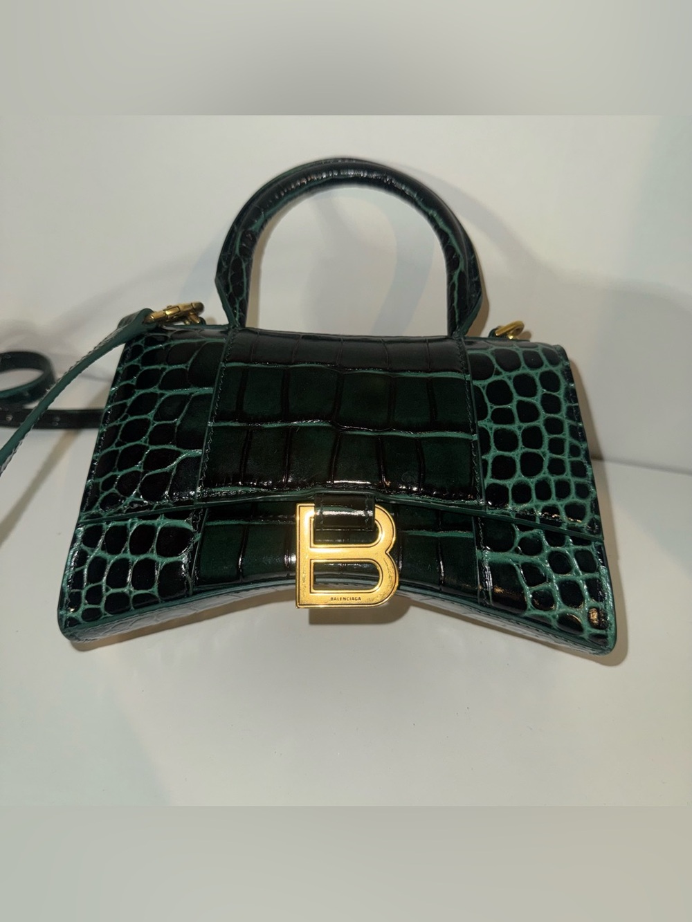 Balenciaga HOURGLASS HANDBAG XS Dark Green Croc